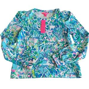 Lilly Pulitzer Jansen Long Sleeve Sweatshirt Blue Ibiza Cabana Cocktail Size M